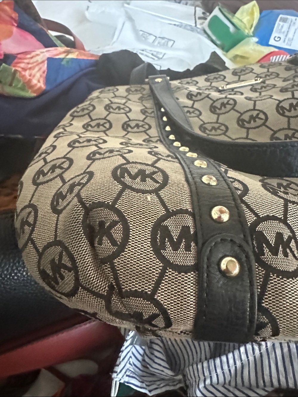 Michael Kors Beige and Black Studded Logo Tote - Picture 3 of 6